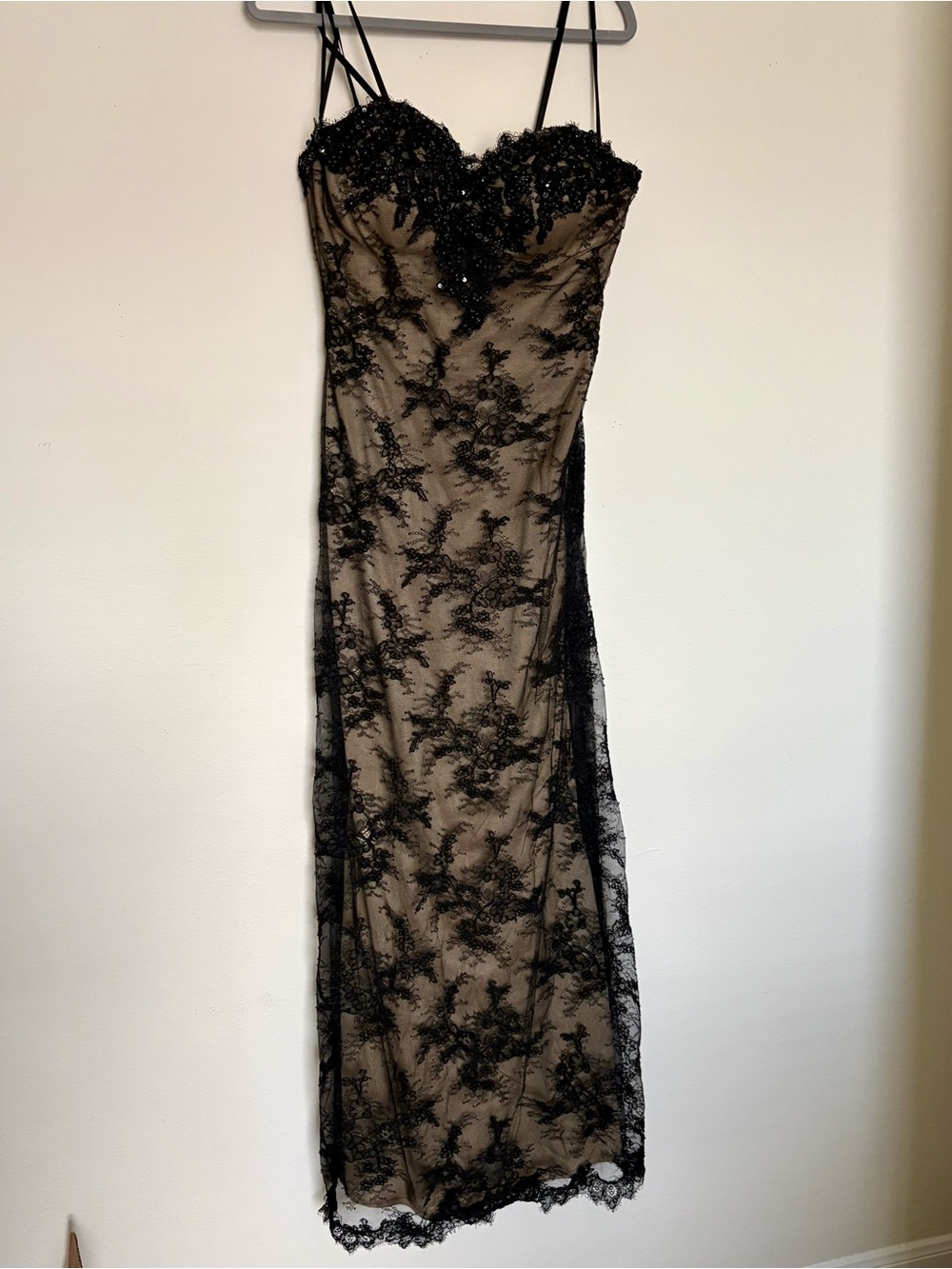 La Femme Black Lace Overlay Slip Dress